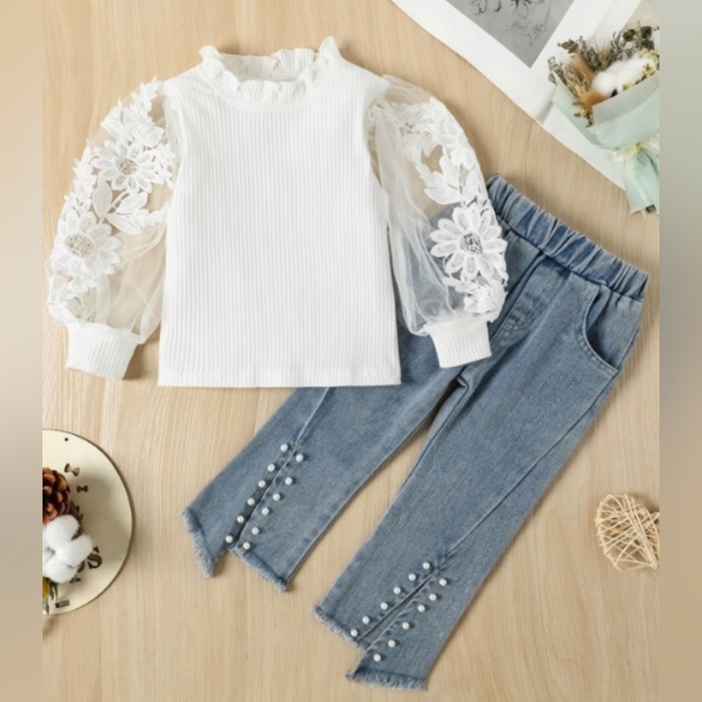 Girls’ Lace Puff Sleeve Top with Denim Pearl Beaded Pants